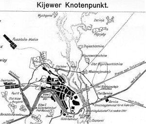 Київський залізничний вузол за даними австрійського ґенерального штабу (1918 р.). Чорним квадратом, імовірно, позначено Дарницький табір військовополонених (джерело : Österreichisches Staatsarchiv – Kriegsarchiv (Австрійський державний архів, військовий відділ). – Generalstab Kart. 909)